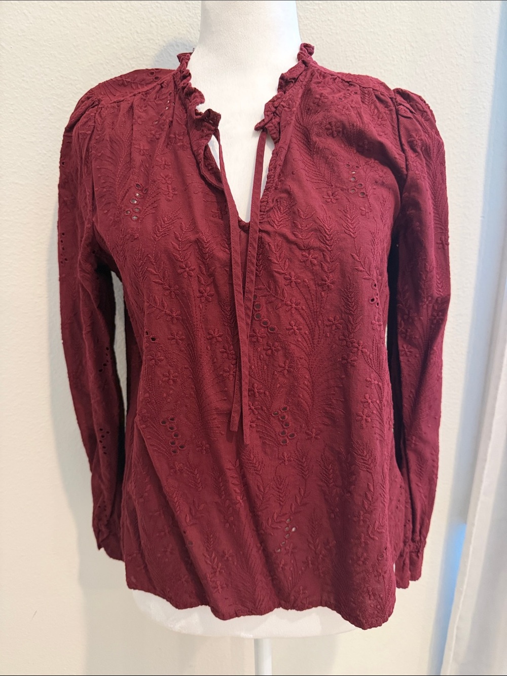 Madewell Burgundy Eyelet Tie-Neck Long Sleeve Blouse